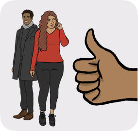 Image evoking fair treatment between men and women: a woman and a man standing, at the side of a big hand thumbs up
